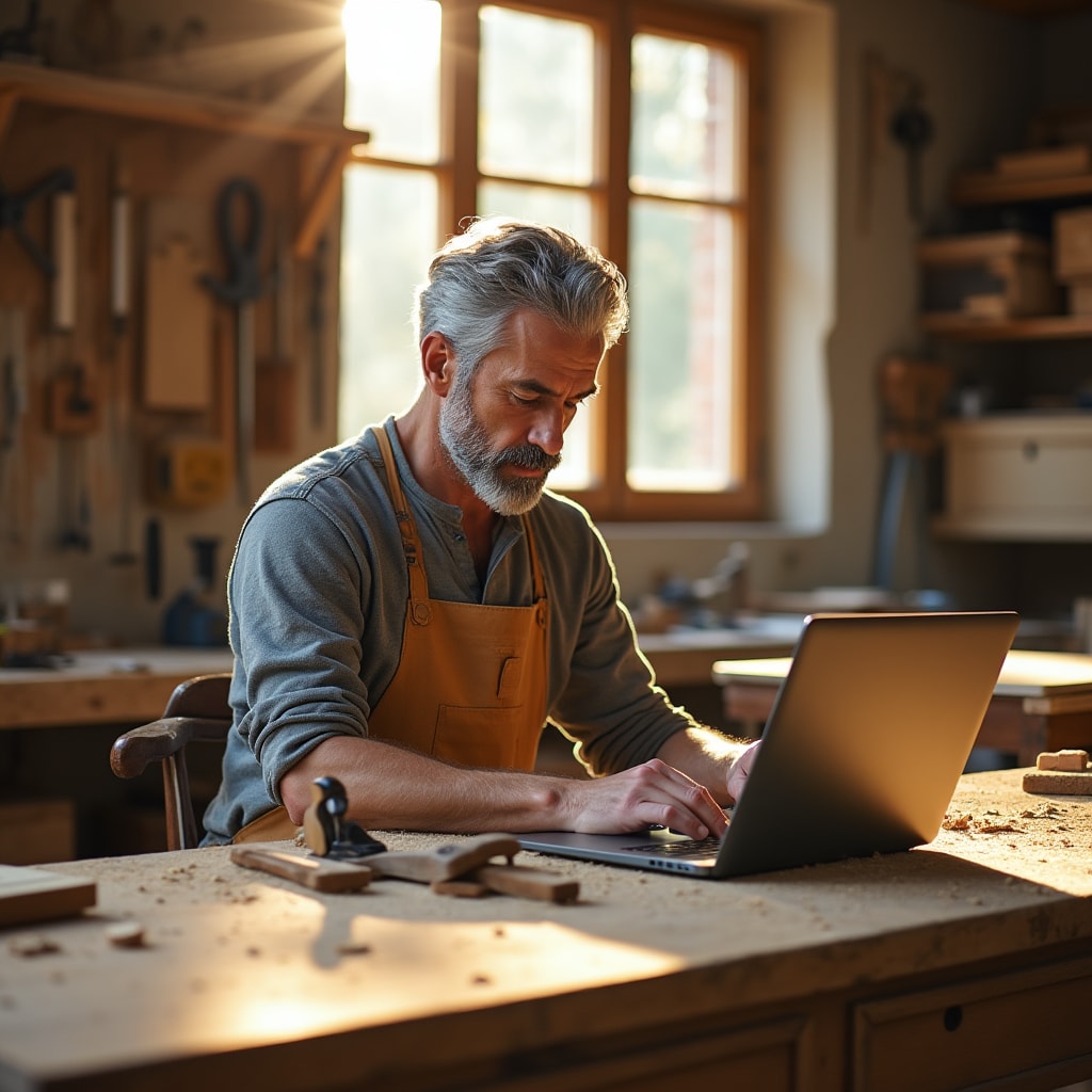 Artisan utilisant des outils numériques dans son atelier