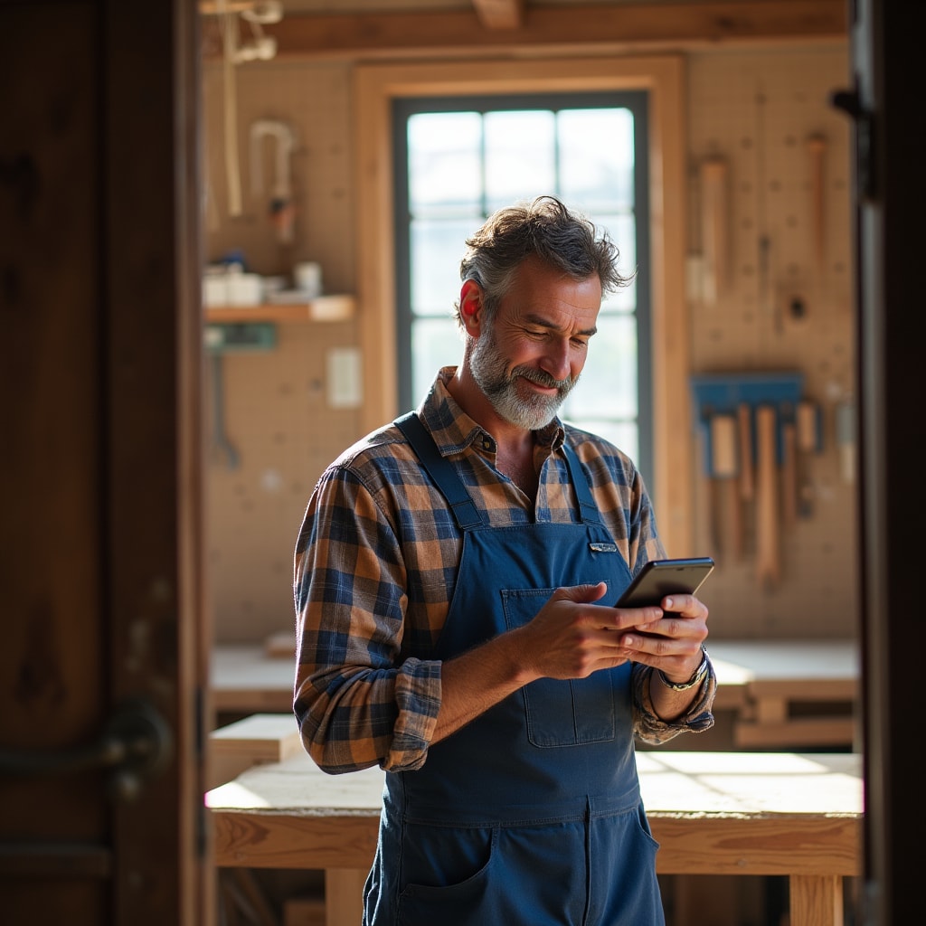 Artisan utilisant un smartphone dans son atelier
